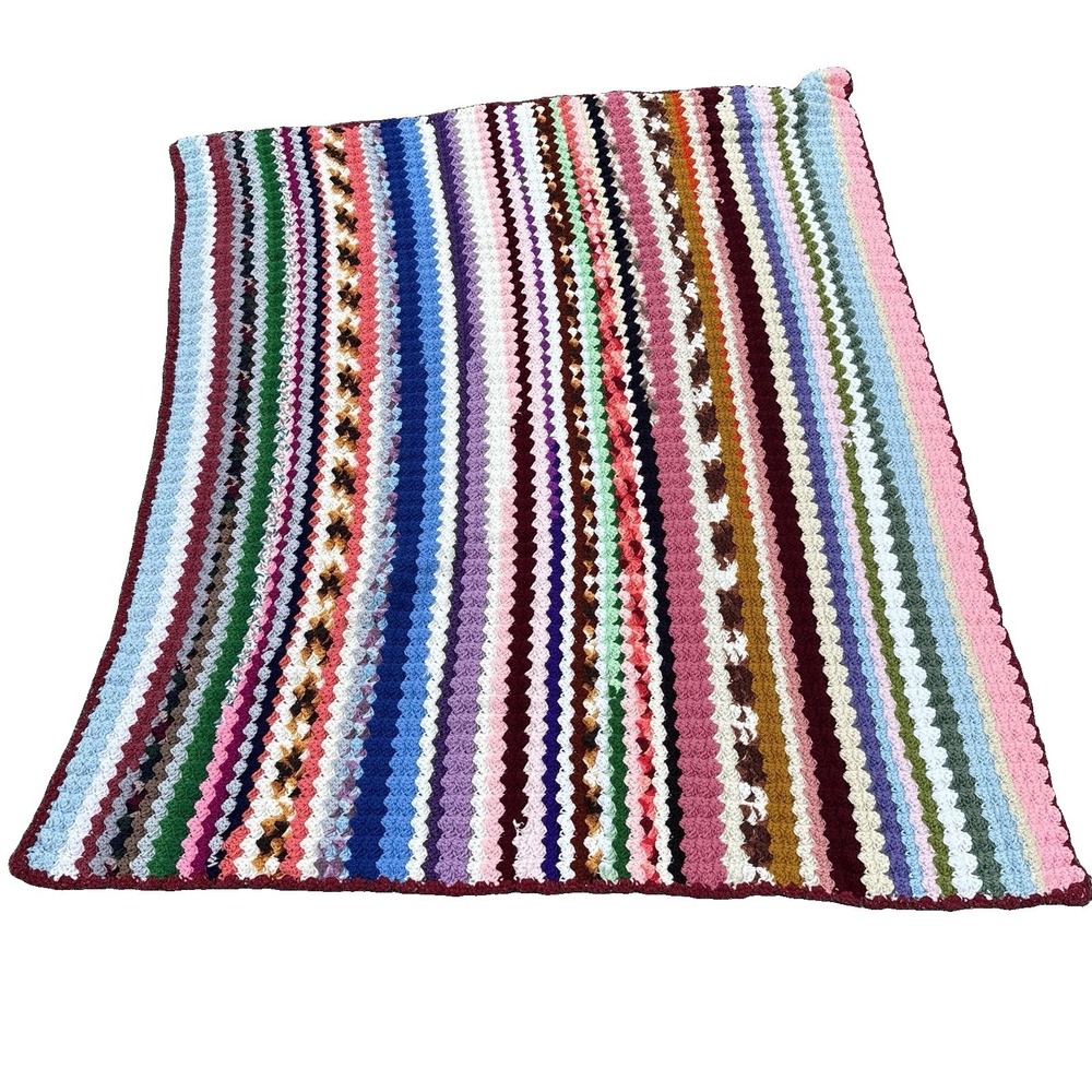 Vtg Granny Stripe Crochet Knit Afghan Throw Blanket Colorful Multicolor 67"x 56"